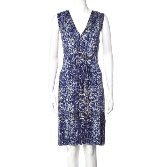 Tory Burch Carly Silk Fit & Flare Faux Wrap Dress Blue Snakeskin Print Knee Leng - Picture 2 of 11